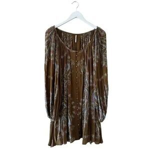 Free People  Brown green hippie babydoll peasant dress balloon sleeves S #1993